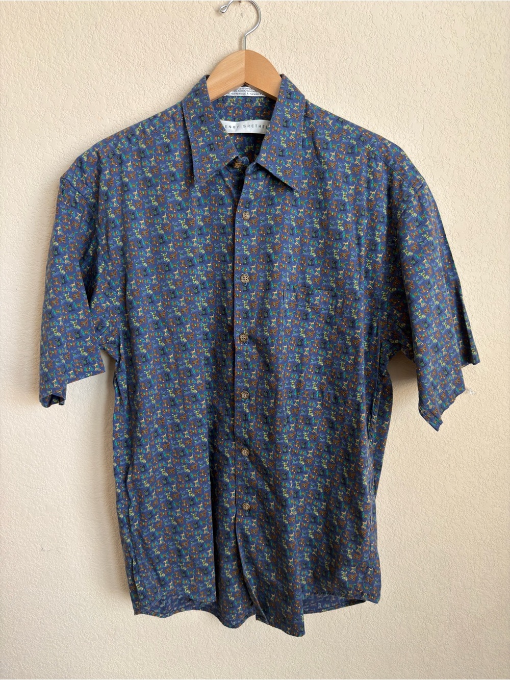 Vintage Equestrian Horse Print Shirt Mens M Blue Henry Grethel Rayon Button Up